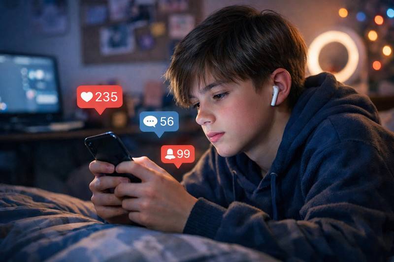 청소년 SNS 중독 현상을 보여주는 스마트폰 사용하는 모습