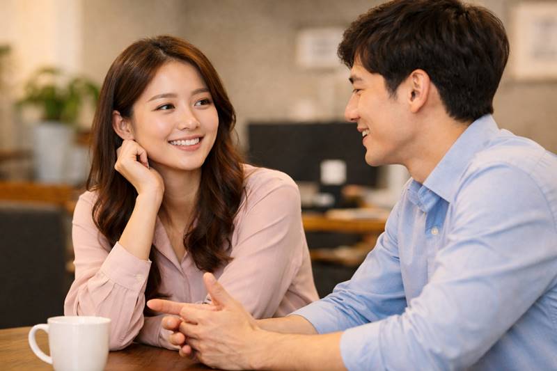 남녀 대화 중 호감 신호가 나타나는 자연스러운 연애 심리 장면
