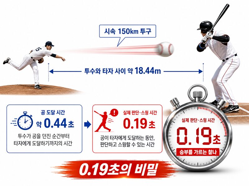 시속 150km 투구가 타자에게 도달하는 시간과 0.19초 판단 시간을 설명한 야구 과학 이미지