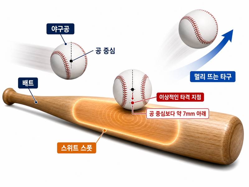 야구 배트의 스위트 스폿과 공 중심보다 약 7mm 아래 타격 지점을 설명한 홈런 과학 이미지