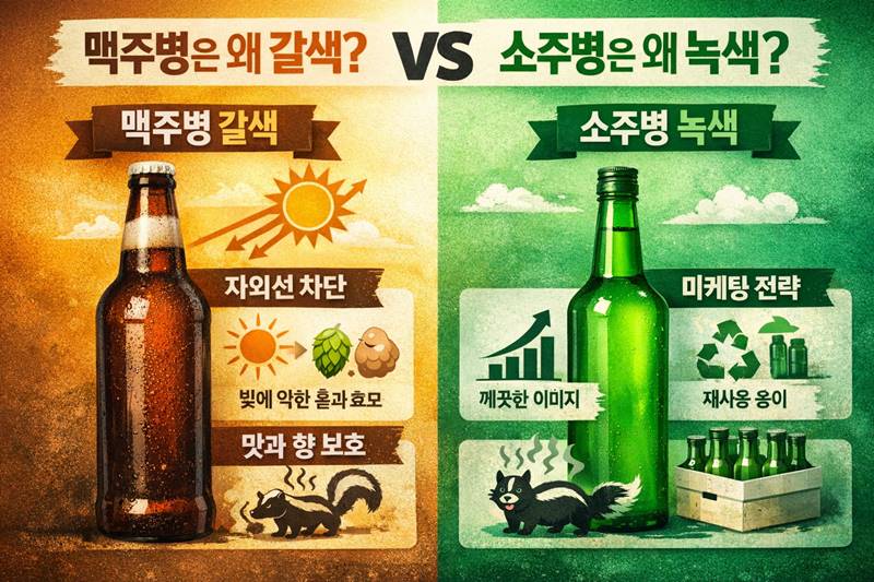 맥주병 갈색 이유 자외선 차단과 소주병 녹색 이유 마케팅 재활용 비교 이미지