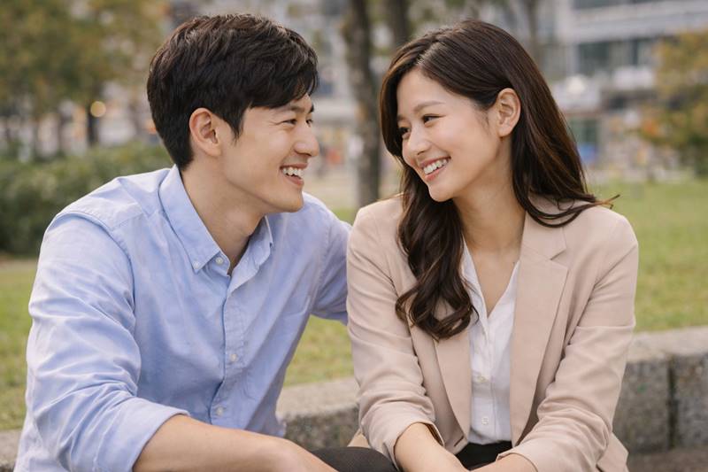 야외에서 가까이 앉아 대화하는 남녀의 호감 신호와 거리 좁혀진 연애 심리 장면