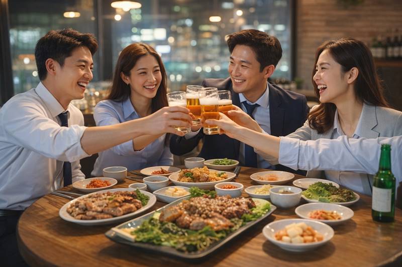 회식 자리에서 건배사를 하며 분위기를 띄우는 직장인 모습