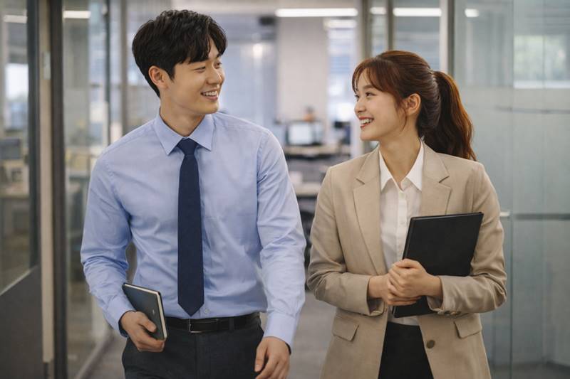 직장에서 함께 걸으며 대화하는 남녀의 썸 신호와 자연스러운 호감 행동 장면