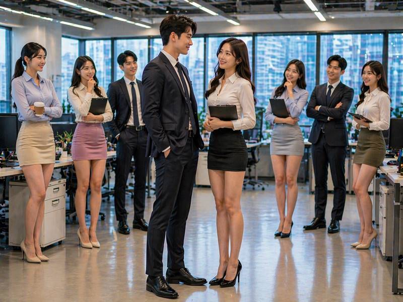 직장 동료가 여러 사람 중 특정 한 사람에게만 웃으며 호감을 보이는 모습