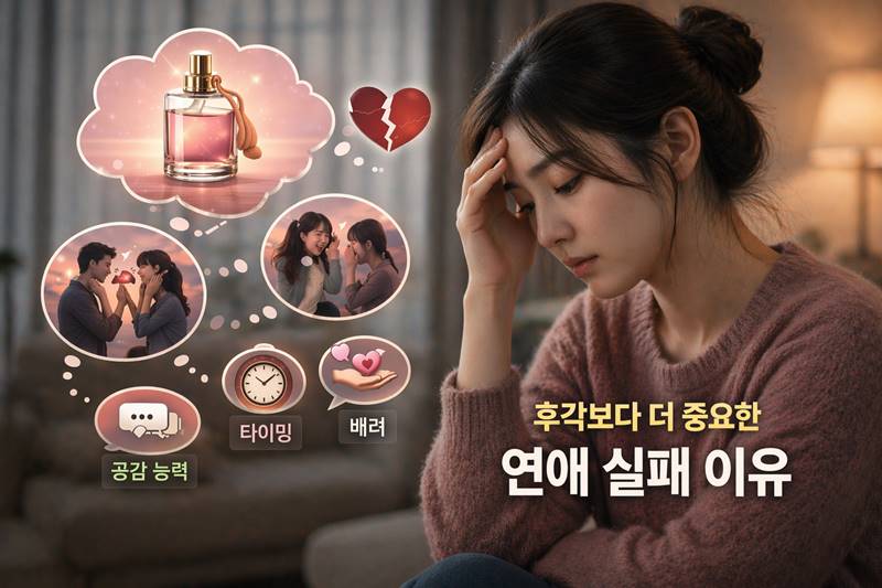 연애 실패 이유를 고민하는 한국인 여성과 인간관계 심리를 표현한 이미지
