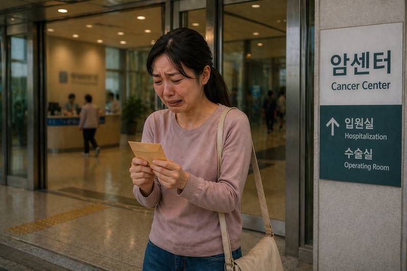 병원 앞에서 봉투를 들고 눈물을 흘리는 며느리 감동 장면
