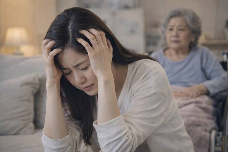 치매 어머니를 돌보며 스트레스와 피로를 겪는 딸의 현실적인 간병 모습