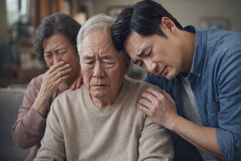 치매 아버지를 돌보는 가족의 따뜻한 사랑과 간병 모습