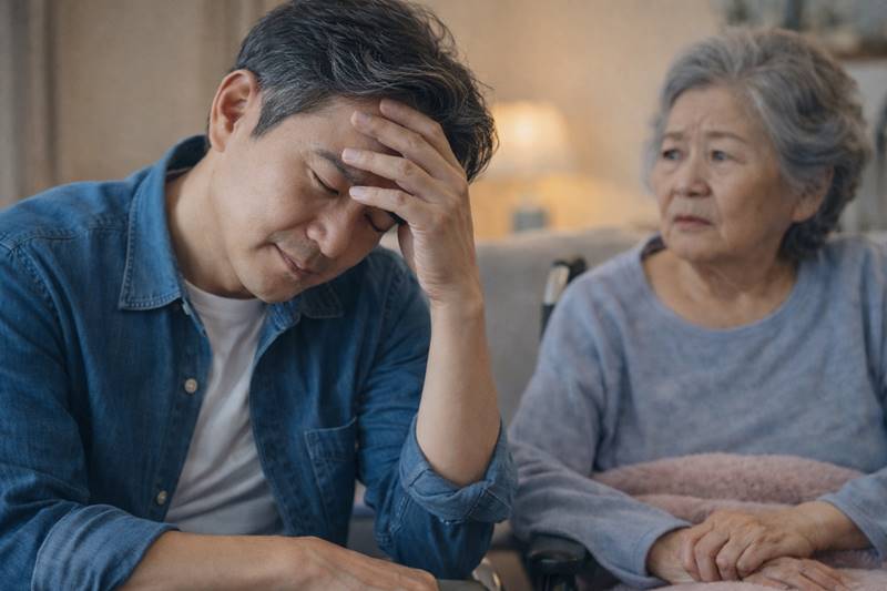 치매 어머니를 돌보며 스트레스를 겪는 아들의 감정과 간병 현실 모습