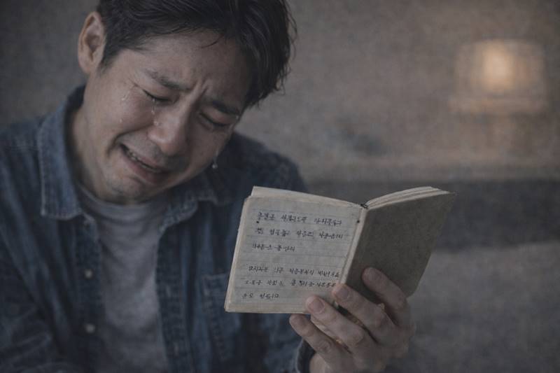 치매 어머니가 남긴 수첩을 읽으며 눈물로 후회하는 아들의 모습
