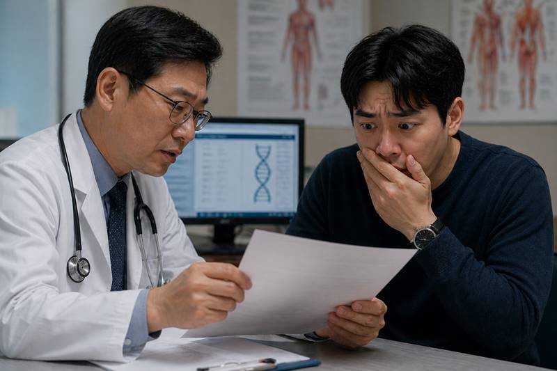 유전자 검사 결과를 보고 충격에 빠진 아버지와 이를 설명하는 의사의 모습