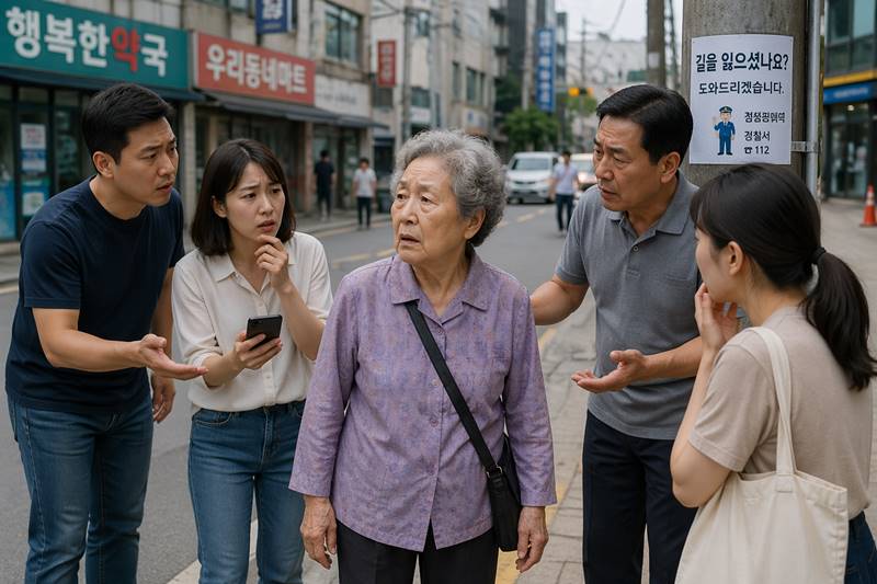치매로 길을 잃은 노인을 주변 사람들이 도와주는 혼란 상황