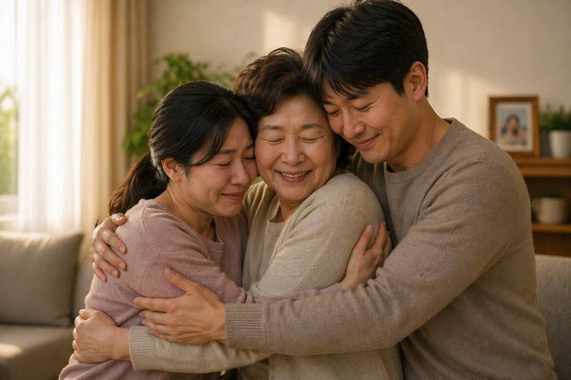 따뜻한 가족이 서로를 안아주는 감동적인 포옹 장면