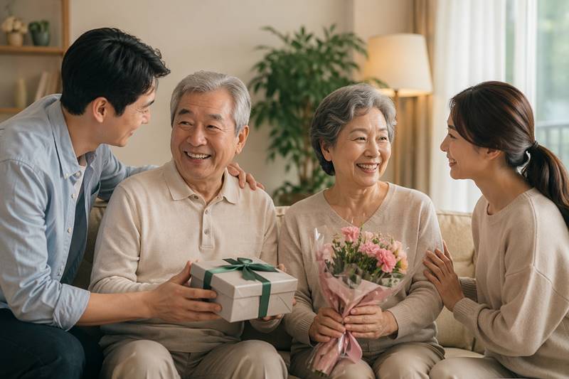 filial-piety-family-with-parents-alive-scene 부모님이 살아계실 때 자녀 부부가 함께 효도하는 따뜻한 가족 장면