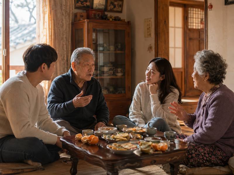 명절 오후 낮은 식탁에 둘러앉아 이야기를 나누는 할머니 할아버지와 손자손녀