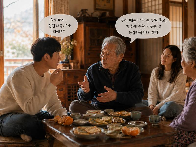 명절 밥상에서 논갈라묵기 뜻을 설명하는 경상도 할아버지 경상도 사투리 뜻을 묻는 손자와 논갈라묵기를 설명하는 할아버지
