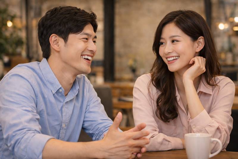 카페에서 웃으며 대화하는 남녀의 호감 신호와 연애 심리 장면