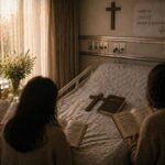 병원에서 가족이 찬송가와 성경을 읽으며 기도하는 가운데 침대 위에 십자가와 성경이 놓인 마지막 순간