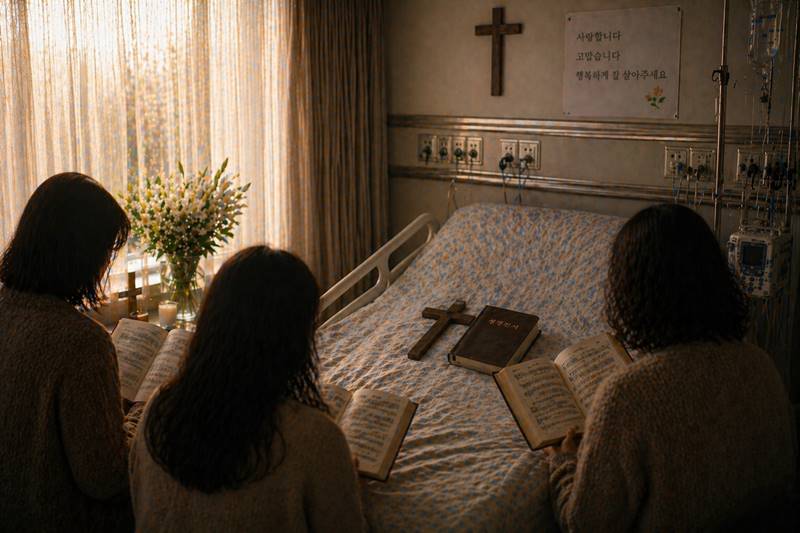 병원에서 가족이 찬송가와 성경을 읽으며 기도하는 가운데 침대 위에 십자가와 성경이 놓인 마지막 순간