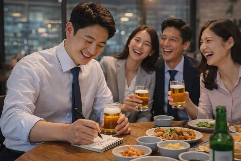 회식 건배사 만드는 방법 회식 건배사 만드는 방법을 고민하며 메모하는 직장인과 회식 자리 분위기 이미지