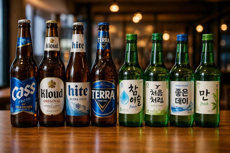 한국 맥주 갈색병과 소주 초록병 비교, 병 색깔 차이와 특징을 보여주는 이미지