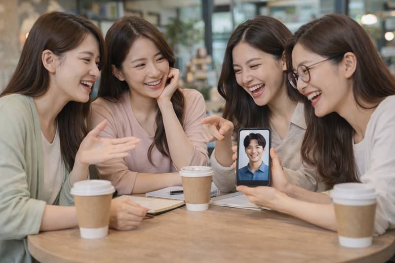 한국 여자 대학생들이 카페에서 좋아하는 남자에 대해 이야기하며 웃는 모습