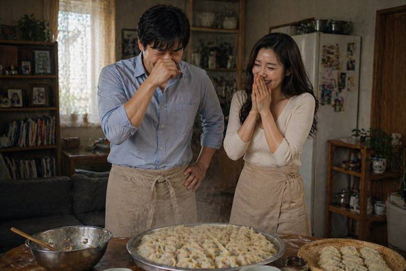 만두를 완성하고 감격해 눈물을 참는 남편과 기뻐하는 한국인 아내의 모습