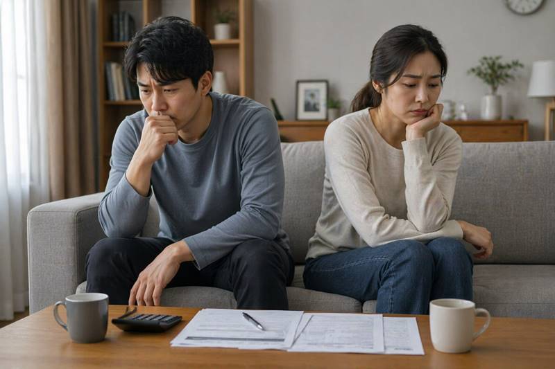 같은 공간에 있지만 서로 말없이 고민하는 부부의 갈등 장면