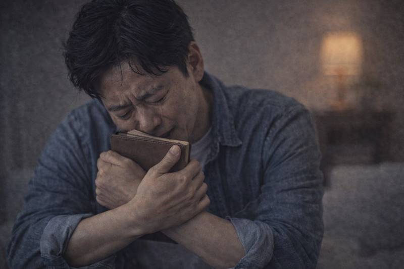 어머니가 남긴 수첩을 품에 안고 눈물로 후회하는 아들의 모습