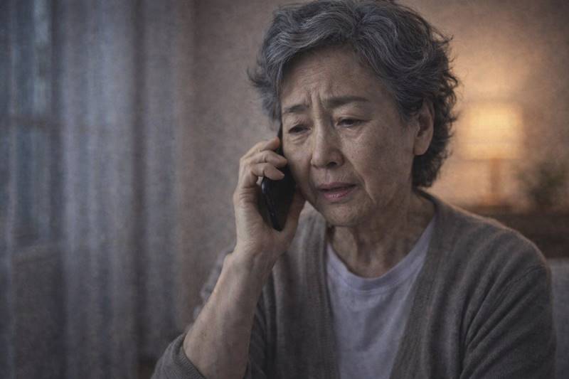 밤에 부모님 전화 후회를 떠올리는 모습