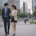 회사 밖에서 함께 걷는 남녀 직장인의 썸에서 데이트로 이어진 호감 신호 장면