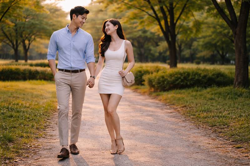 야외 공원에서 데이트하는 한국인 커플 손을 잡고 걷는 직장 연애 장면