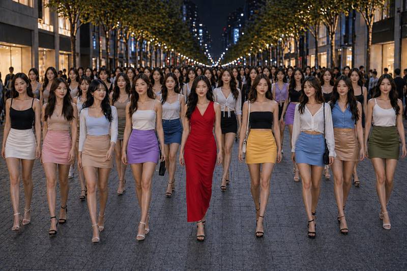 red dress attention crowd psychology 여러 사람 사이에서 빨간 옷을 입은 여성이 시선을 끄는 장면