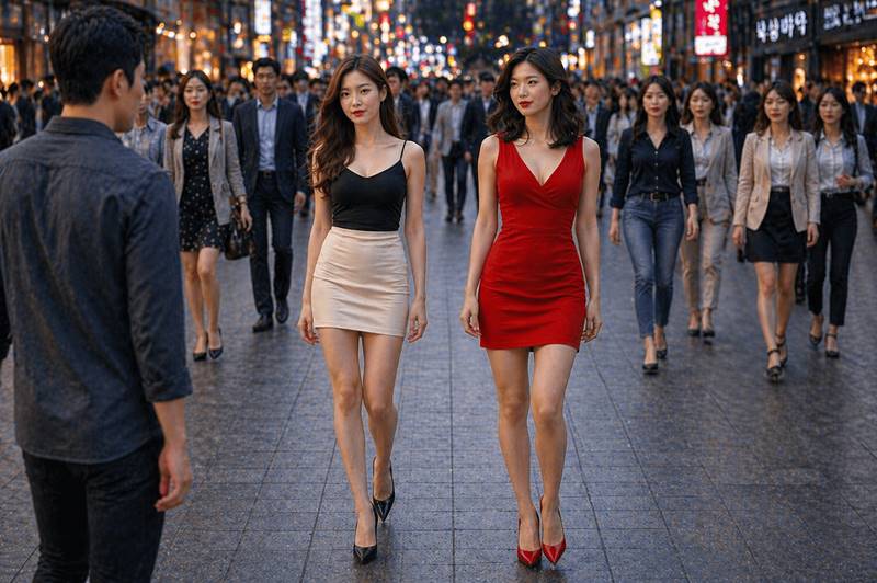 red dress vs mini skirt attention 빨간 원피스를 입은 여성과 미니스커트를 입은 여성이 사람들 사이에서 대비되며 시선을 끄는 모습
