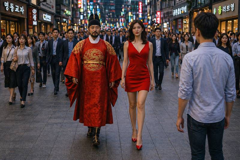 red dress vs traditional hanbok attention 전통 한복을 입은 남성과 빨간 원피스를 입은 여성이 함께 걸으며 대비되어 시선을 끄는 모습