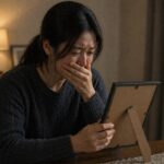 어머니 사진을 보며 눈물을 흘리는 자녀 후회 감정 장면