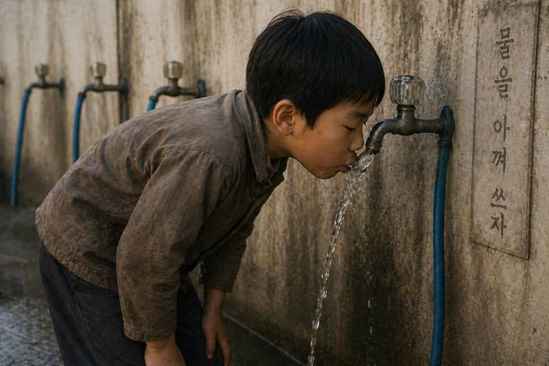 1960년대 국민학교 수돗가에서 소년이 물을 마시며 배를 채우는 모습