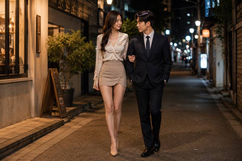 밤거리에서 정장을 입은 남자 직장 선배와 미니스커트 차림의 여성 후배가 팔짱을 끼고 조용히 걸으며 서로를 바라보는 모습