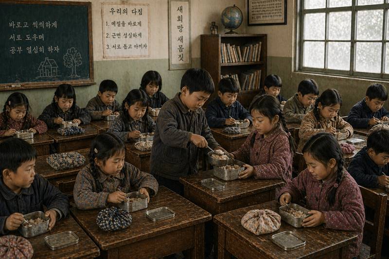 1960년대 국민학교 교실에서 아이들이 변또 도시락을 나눠 먹는 모습