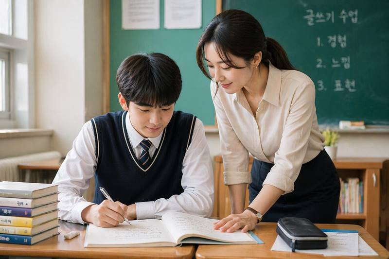 여선생과 남학생 제자가 교실에서 수업하는 모습 사제 관계 시작 장면