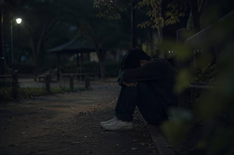 공원 구석에서 무릎을 끌어안고 혼자 울고 있는 청년, 깊은 절망과 고립된 감정을 보여주는 장면