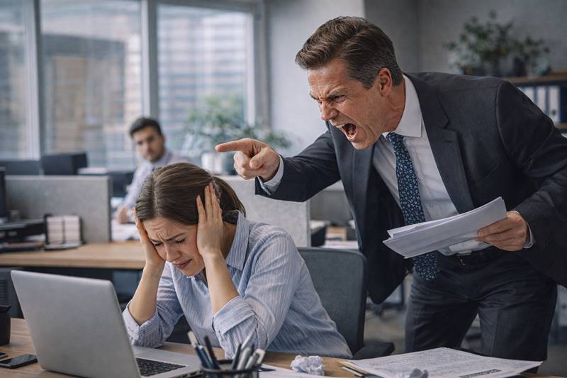 큰소리 지르는 직장상사 스트레스 상황 큰소리 지르는 직장상사와 스트레스를 받는 직장인 상황