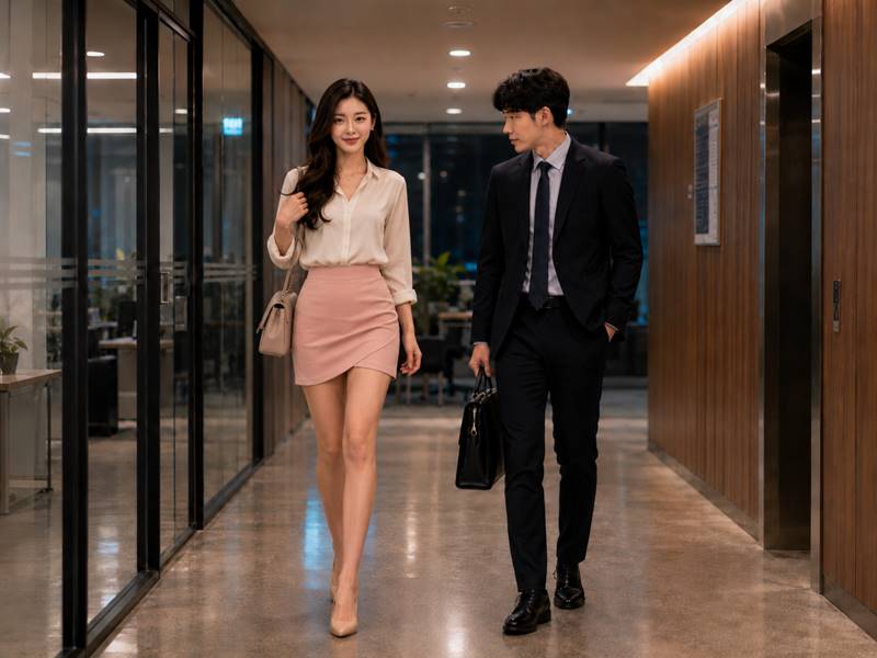 퇴근 무렵 사무실 복도에서 분홍색 미니스커트와 하이힐을 신은 여성 직장 동료와 정장 차림의 남성 직장 동료가 나란히 걸어가는 장면
