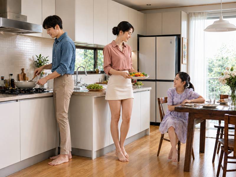부엌에서 함께 식사를 준비하며 평범한 가족의 일상을 보내는 부부와 딸의 장면 부엌에서 남편은 요리하고 아내는 음식을 나르며 딸이 식탁에 앉아 웃는 가족 일상