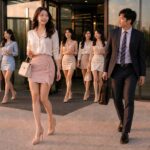해질녘 회사 앞에서 퇴근하는 직장 여성과 남성 동료가 같은 방향으로 조심스럽게 걸어가는 모습