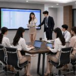 회의실 발표 중 자료 실수로 당황한 여성 동료 옆에서 남성 직장 동료가 차분하게 분위기를 정리해주는 장면.