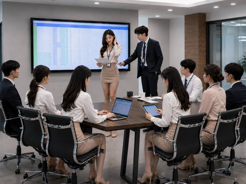 회의실 발표 중 자료 실수로 당황한 여성 동료 옆에서 남성 직장 동료가 차분하게 분위기를 정리해주는 장면.