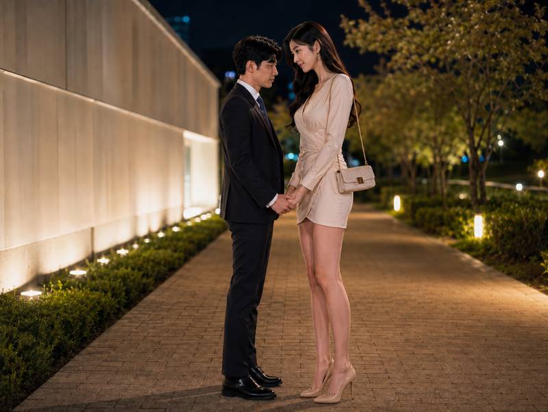 회사 밖 첫 데이트에서 서로의 마음을 확인하는 윤 대리와 서연 토요일 밤 조명이 켜진 산책로에서 손을 맞잡고 서로 바라보는 남녀 직장 동료