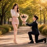5년 만에 재회한 남자가 공원에서 한쪽 무릎을 낮추고 꽃다발을 건네며 예쁜 미니스커트 차림의 여성에게 다시 시작하자고 고백하는 장면